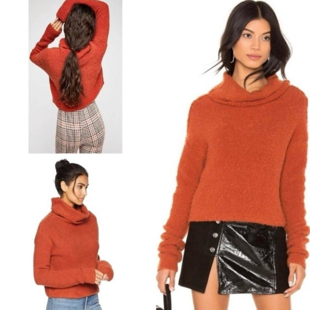 Free People Stormy Plush Cowl Neck Knitted Pullover Sweater in Terracotta Orange